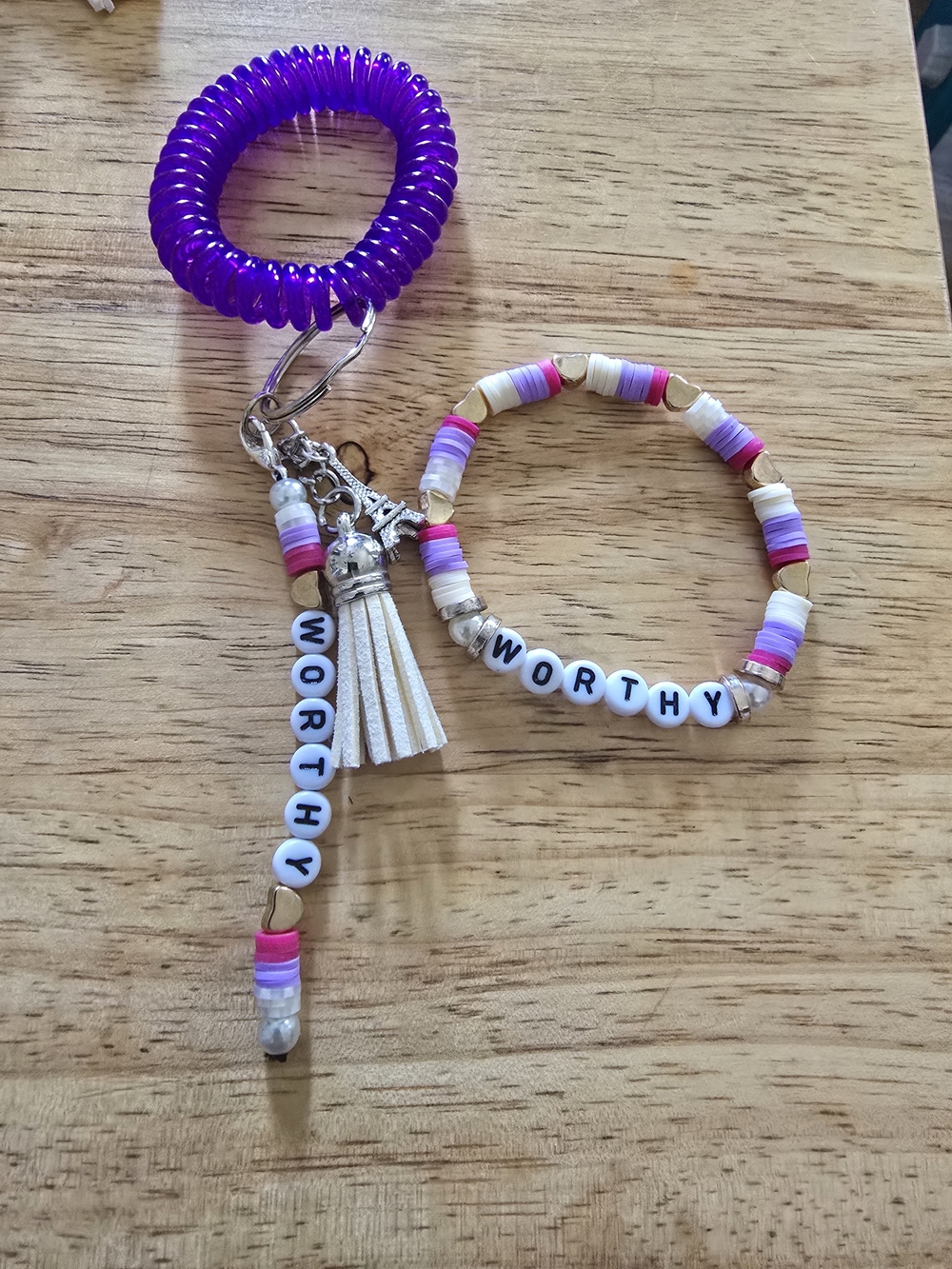 WORTHY Pink , Purple & White Beaded Wristlet And Bracelet Set